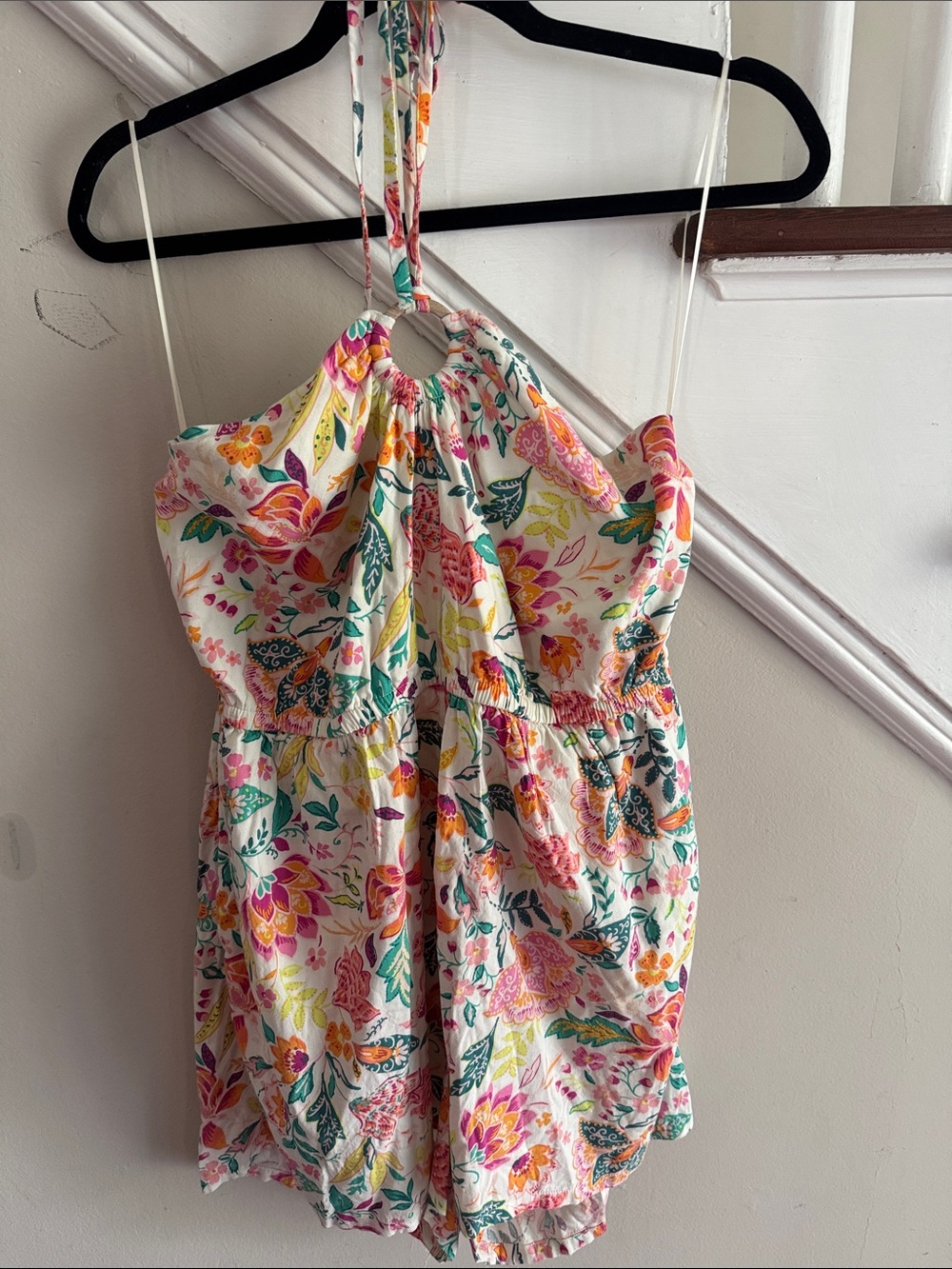 Old Navy Floral Halter Romper in White with Pink, Orange & Green